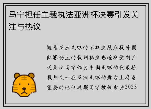 马宁担任主裁执法亚洲杯决赛引发关注与热议