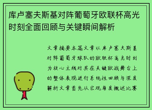 库卢塞夫斯基对阵葡萄牙欧联杯高光时刻全面回顾与关键瞬间解析